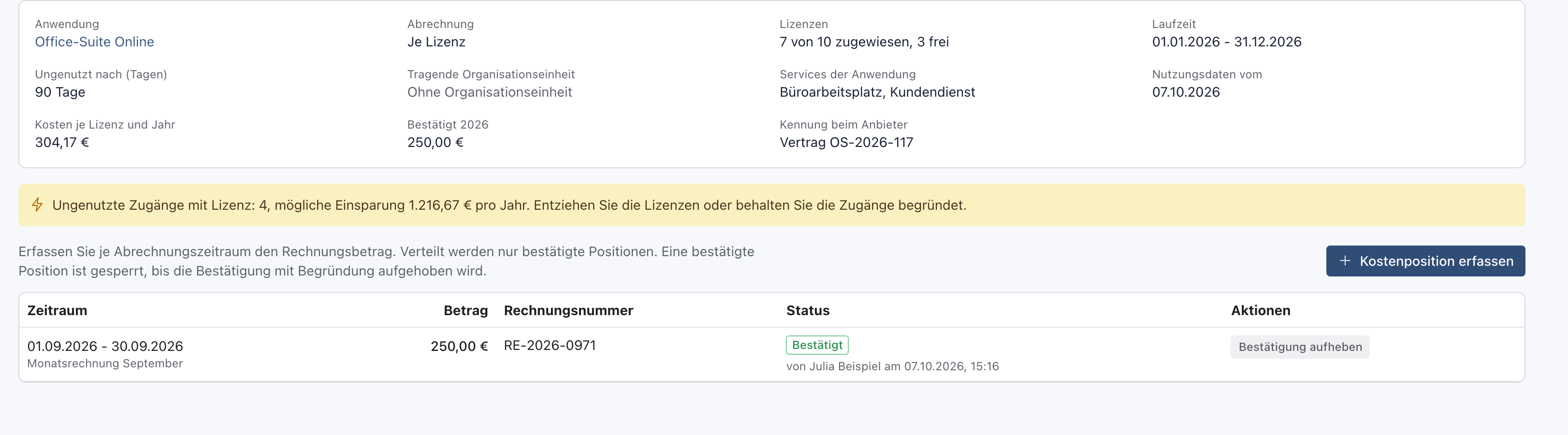 Reiter Kosten mit Kosten je Lizenz und Jahr 304,17 Euro und Bestätigt 2026 250,00 Euro in den Eckdaten und der bestätigten Position von Julia Beispiel