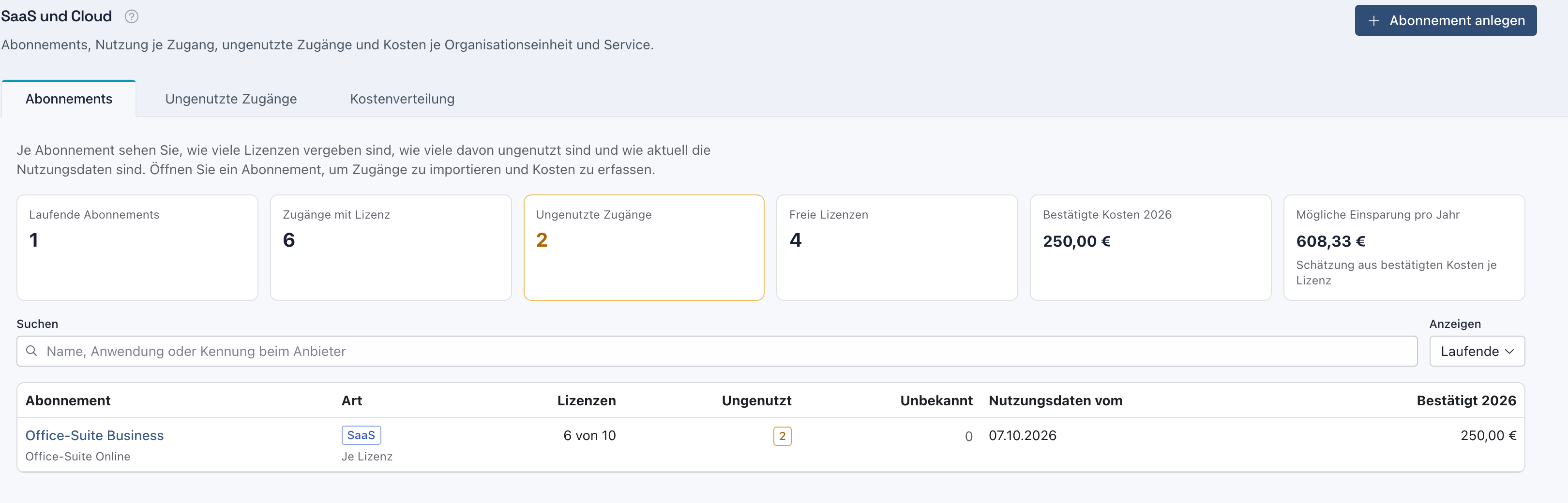 Reiter Abonnements der Seite SaaS und Cloud mit sechs Kennzahlen und dem Abonnement Office-Suite Business