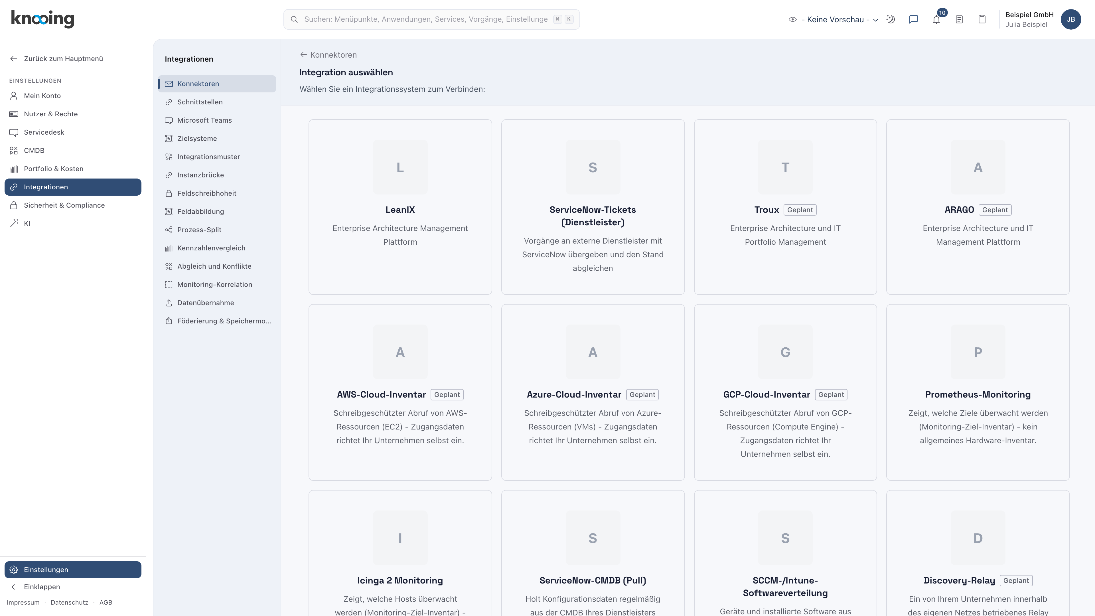 Integration auswählen unter Einstellungen, Integrationen, Konnektoren, mit der Kachel ServiceNow-Tickets (Dienstleister)