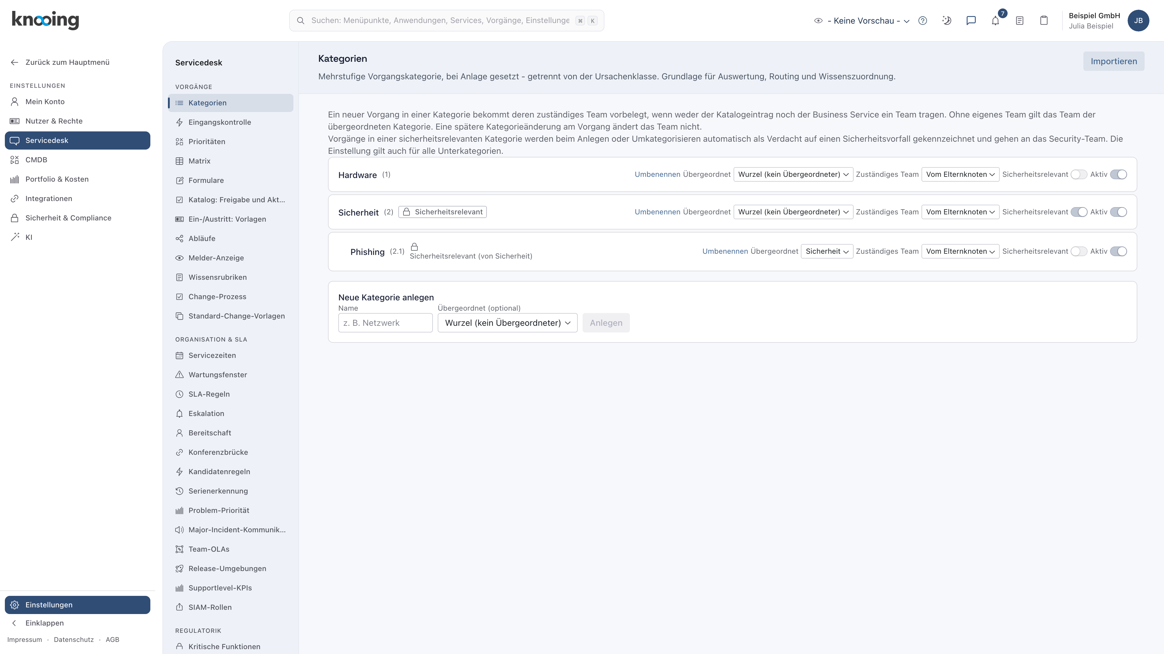 Kategorienliste mit eingeschaltetem Schalter Sicherheitsrelevant an Sicherheit und dem Vermerk Sicherheitsrelevant (von Sicherheit) bei Phishing