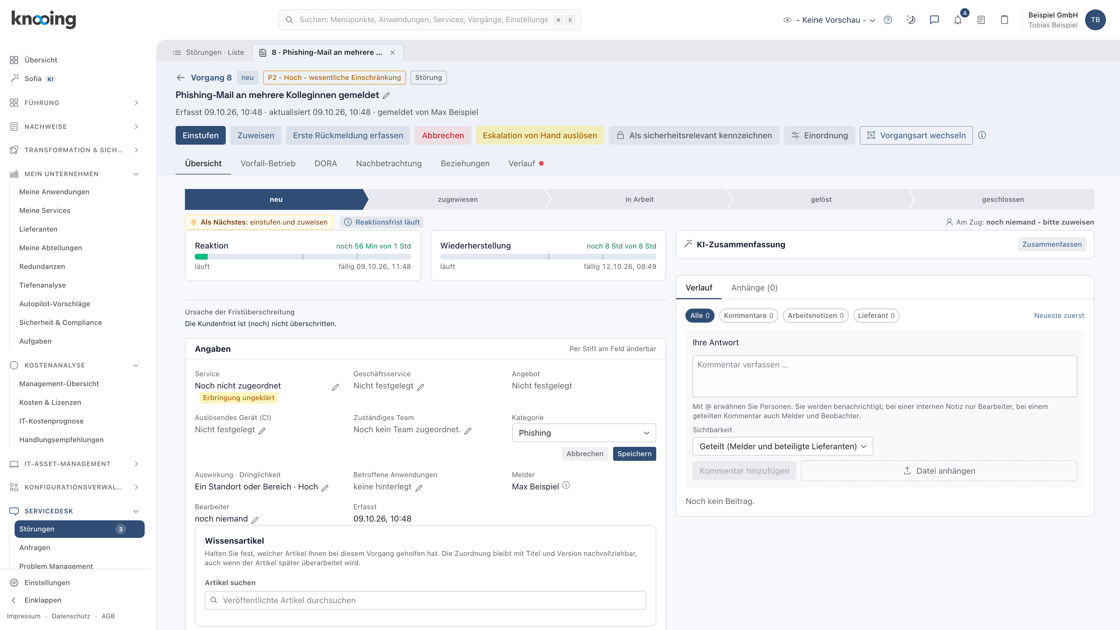 Vorgang im Bearbeitungsmodus des Felds Kategorie mit gewählter Kategorie Phishing und dem Knopf Speichern