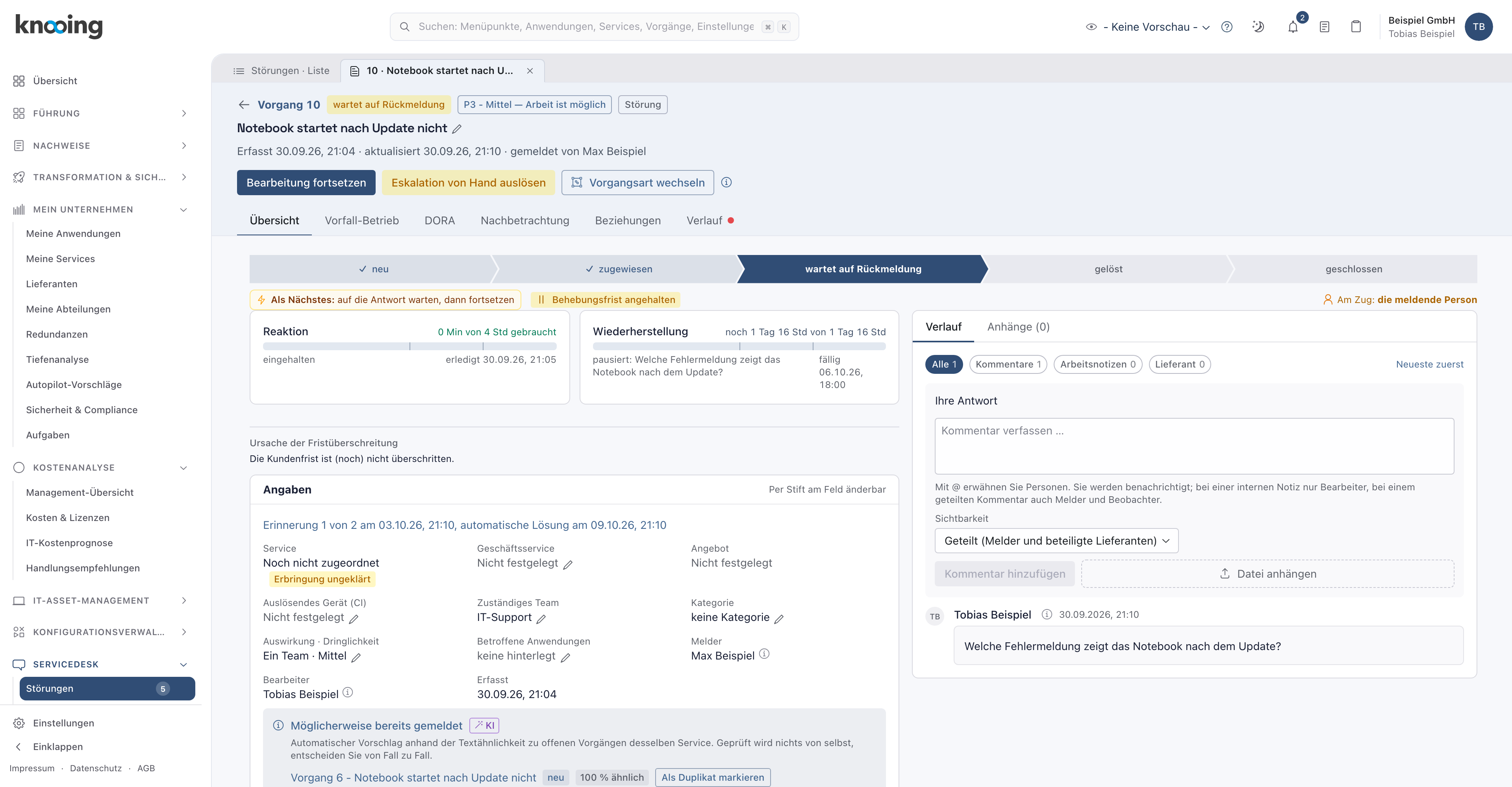 Vorgang im Status wartet auf Rückmeldung mit angehaltener Behebungsfrist und der blauen Zeile zu Erinnerung und automatischer Lösung