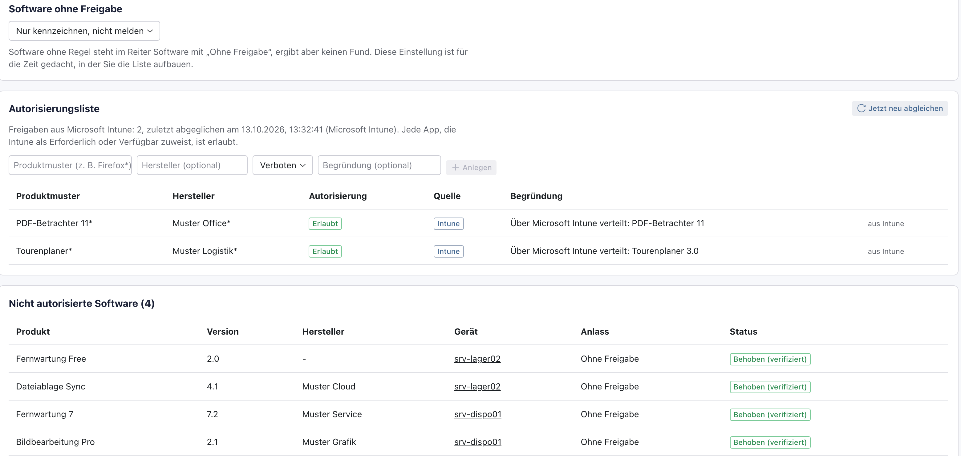Software ohne Freigabe auf Nur kennzeichnen, nicht melden mit dem Hinweis dazu; die vier Funde mit Anlass Ohne Freigabe stehen auf Behoben (verifiziert)