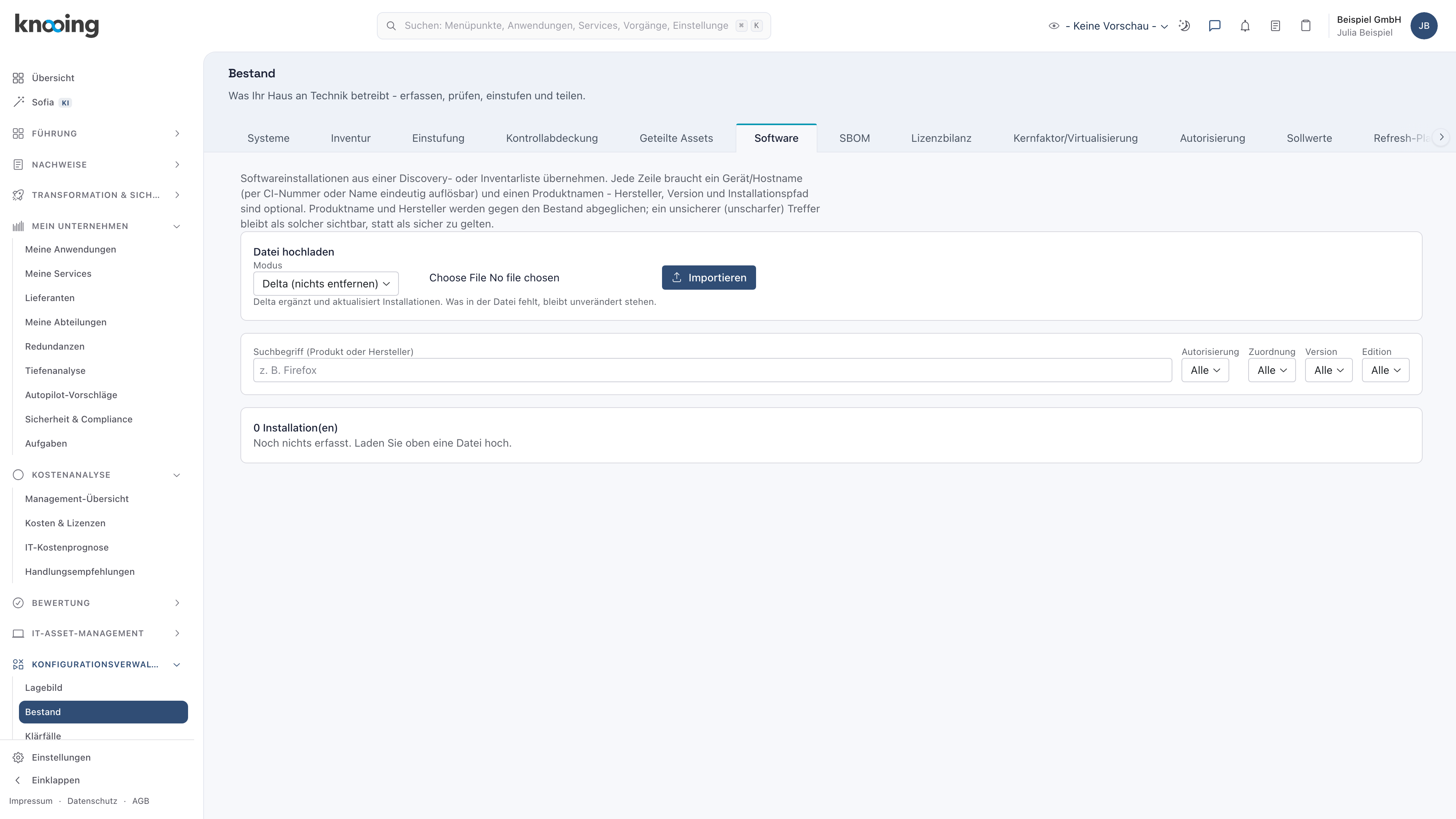 Reiter Software im Bestand vor dem ersten Import: Kasten Datei hochladen und 0 Installation(en)