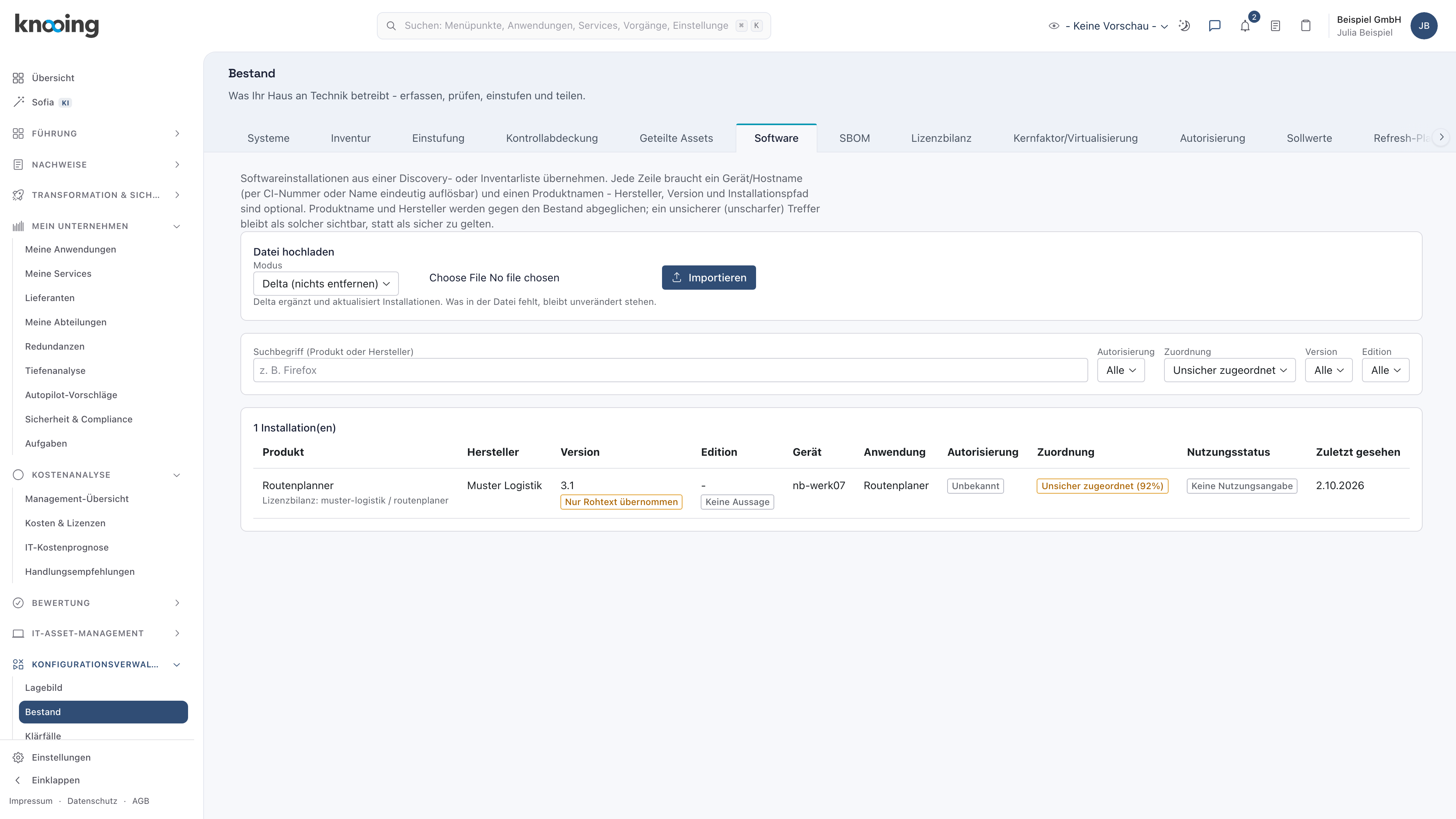 Softwareliste mit dem Filter Zuordnung Unsicher zugeordnet und einer Installation Routenplanner mit Unsicher zugeordnet (92%)
