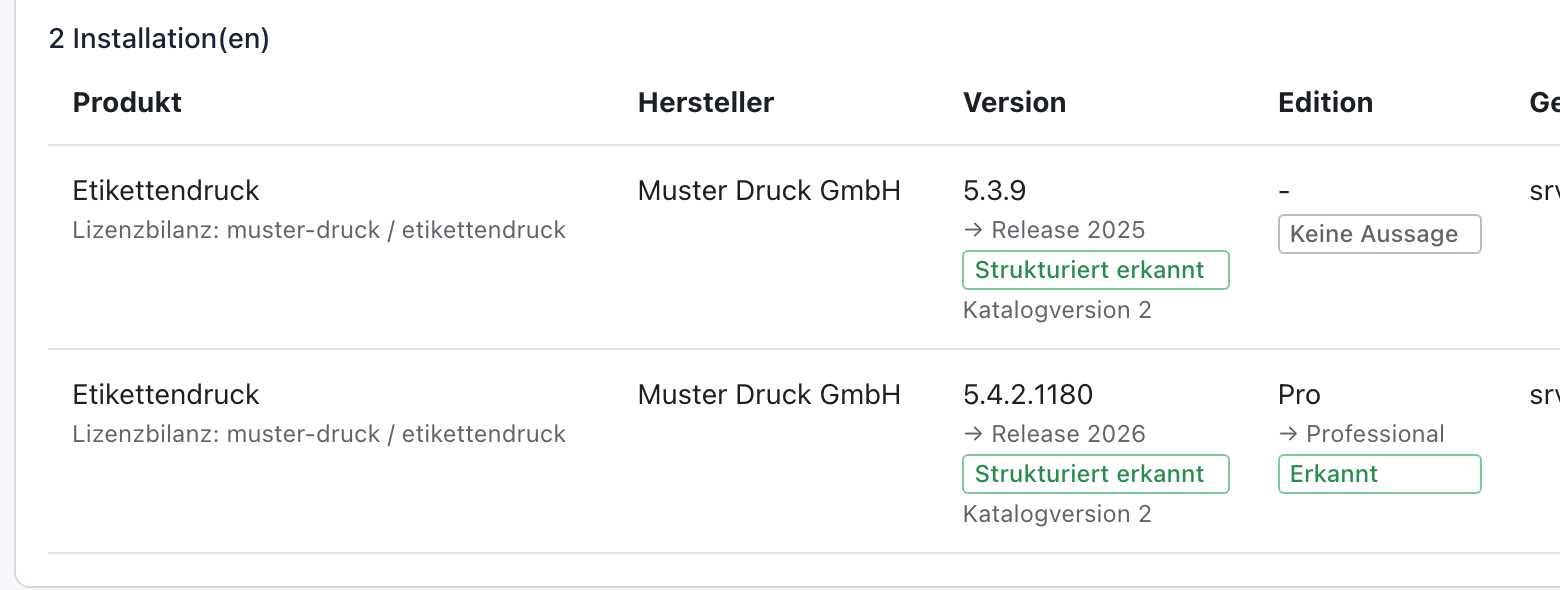 Zwei Zeilen Etikettendruck mit Katalogversion 2, bei 5.3.9 jetzt Release 2025