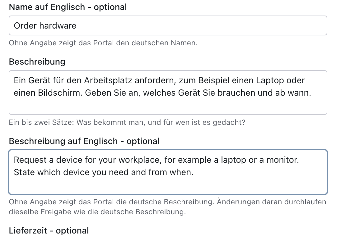 Dialog Angaben im Katalog bearbeiten mit Name auf Englisch Order hardware, deutscher Beschreibung und der ausgefüllten Beschreibung auf Englisch