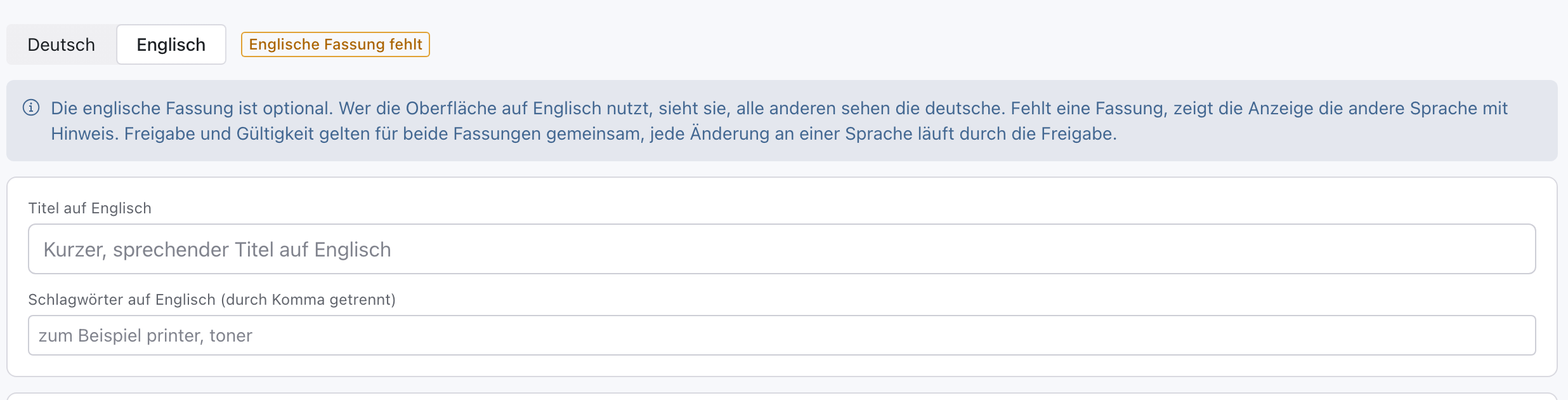 Umschalter Deutsch und Englisch mit gewähltem Englisch, daneben Englische Fassung fehlt, darunter der blaue Hinweis zur englischen Fassung