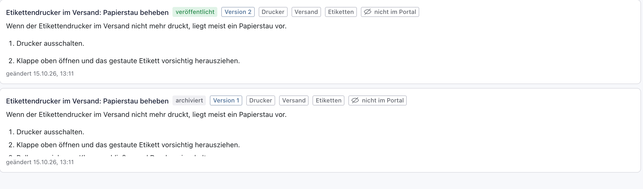 Wissensdatenbank mit dem Artikel in Version 2 veröffentlicht und Version 1 archiviert