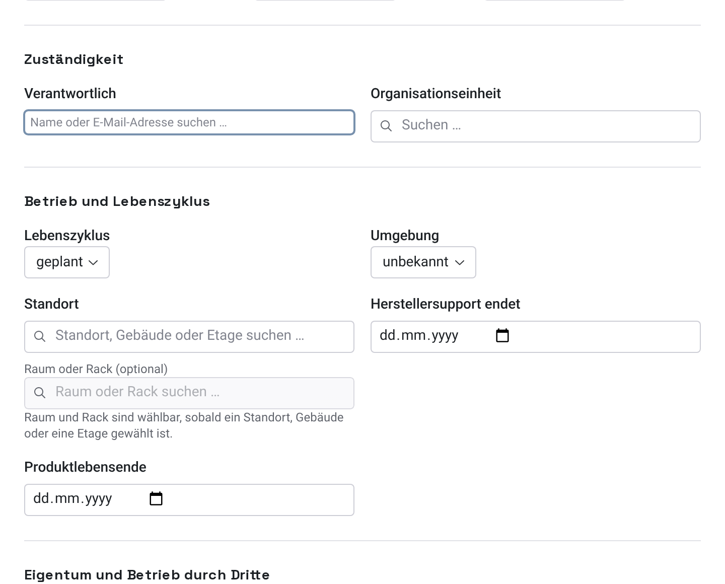 Ausschnitt der Maske System erfassen mit den Feldern Verantwortlich, Organisationseinheit, Standort und Raum oder Rack