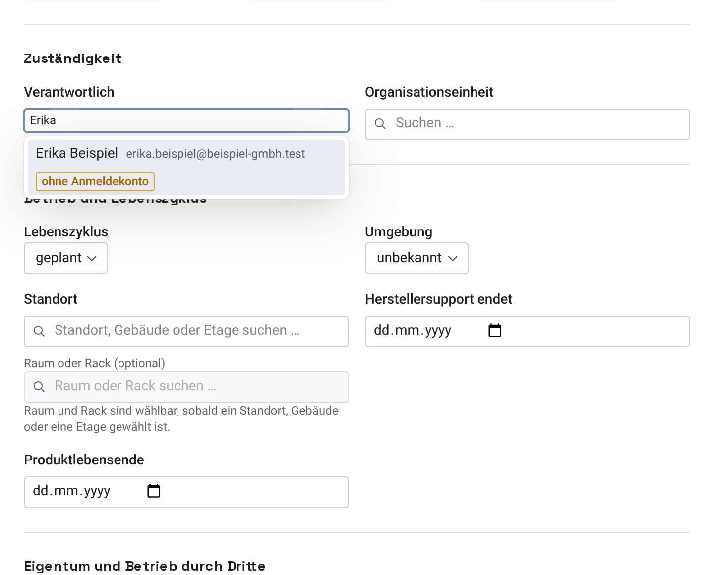 Feld Verantwortlich mit dem Suchbegriff Erika und dem Treffer Erika Beispiel mit E-Mail-Adresse und dem Kennzeichen ohne Anmeldekonto