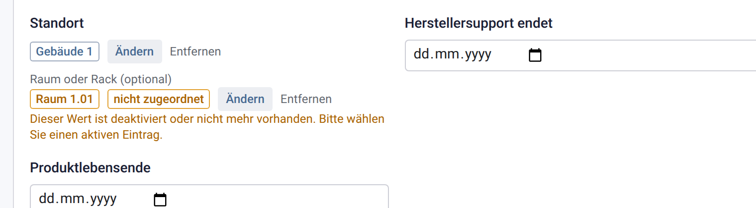 Feld Standort mit Gebäude 1 und dem Raum 1.01 mit dem orangen Kennzeichen nicht zugeordnet und dem Hinweistext