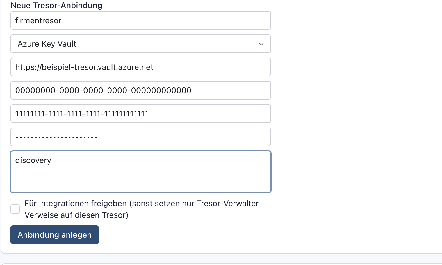 Formular Neue Tresor-Anbindung mit Name firmentresor, Tresortyp Azure Key Vault, Adresse https://beispiel-tresor.vault.azure.net, Platzhaltern für Verzeichnis-ID und Client-ID, verdecktem Client-Secret, Pfad-Präfix discovery und dem Knopf Anbindung anlegen