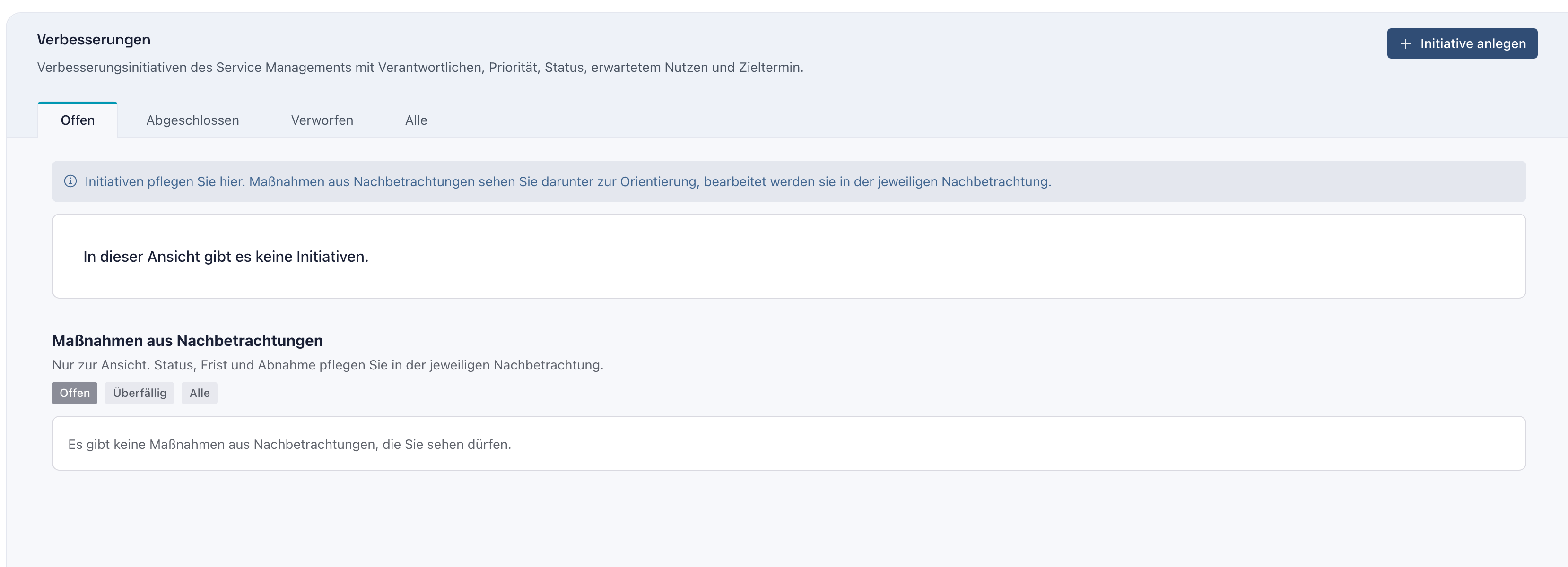 Seite Verbesserungen ohne Initiativen mit den Reitern Offen, Abgeschlossen, Verworfen und Alle, der Schaltfläche Initiative anlegen und dem Bereich Maßnahmen aus Nachbetrachtungen