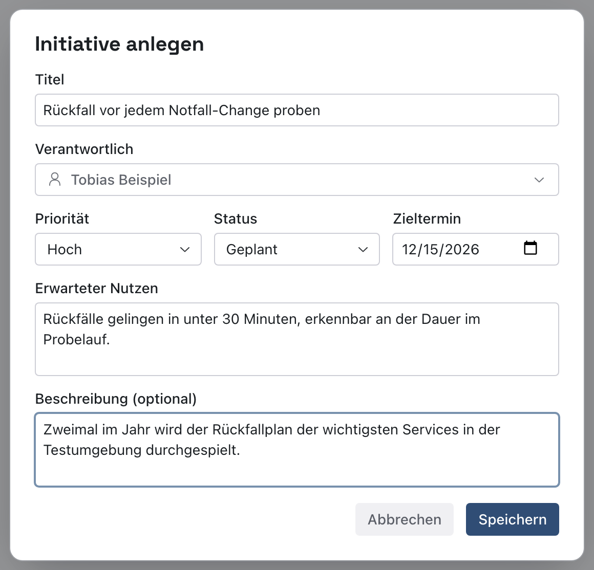 Dialog Initiative anlegen mit Titel, Verantwortlich Tobias Beispiel, Priorität Hoch, Status Geplant, Zieltermin, Erwartetem Nutzen und Beschreibung