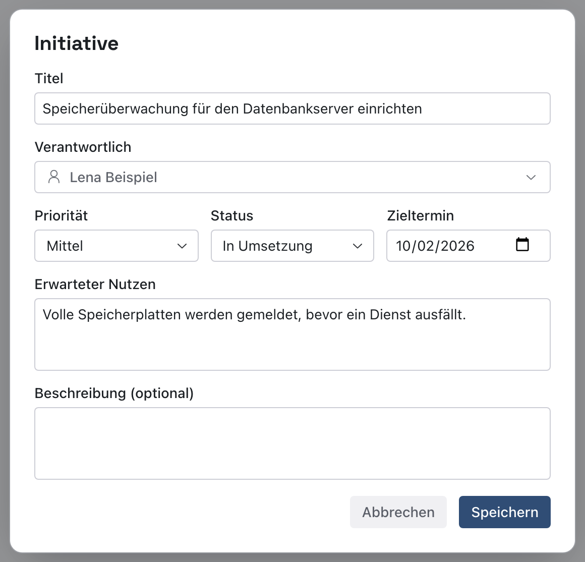 Fenster Initiative mit dem Status In Umsetzung und der Schaltfläche Speichern