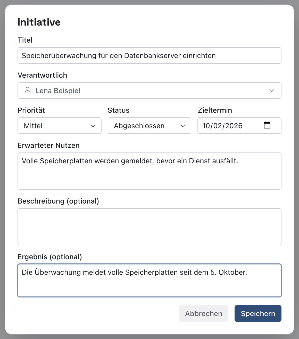 Fenster Initiative mit dem Status Abgeschlossen und dem ausgefüllten Feld Ergebnis