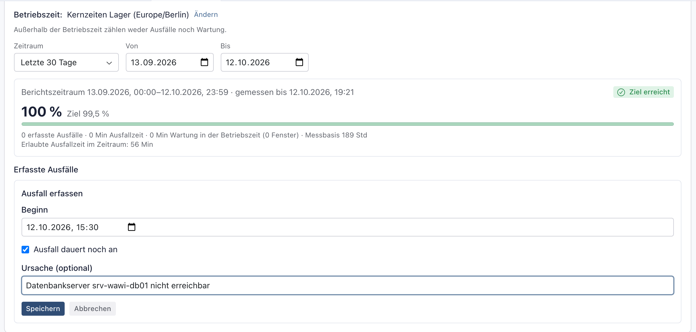Formular Ausfall erfassen mit Beginn 12.10.2026 15:30, eingeschaltetem Ausfall dauert noch an und Ursache Datenbankserver srv-wawi-db01 nicht erreichbar