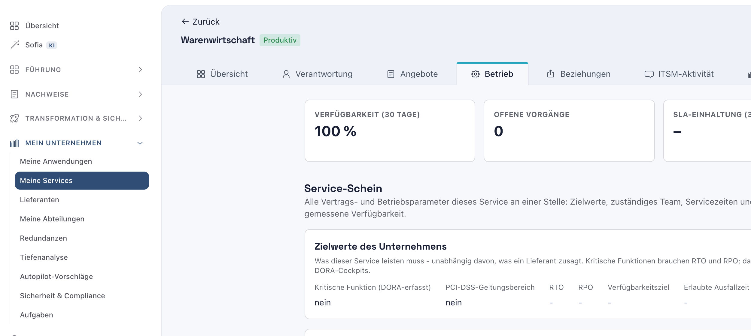 Service Warenwirtschaft, Reiter Betrieb mit den Kacheln Verfügbarkeit (30 Tage) 100 % und Nächstes Wartungsfenster 15. Okt., 16:00 und dem Abschnitt Zielwerte des Unternehmens ohne Verfügbarkeitsziel