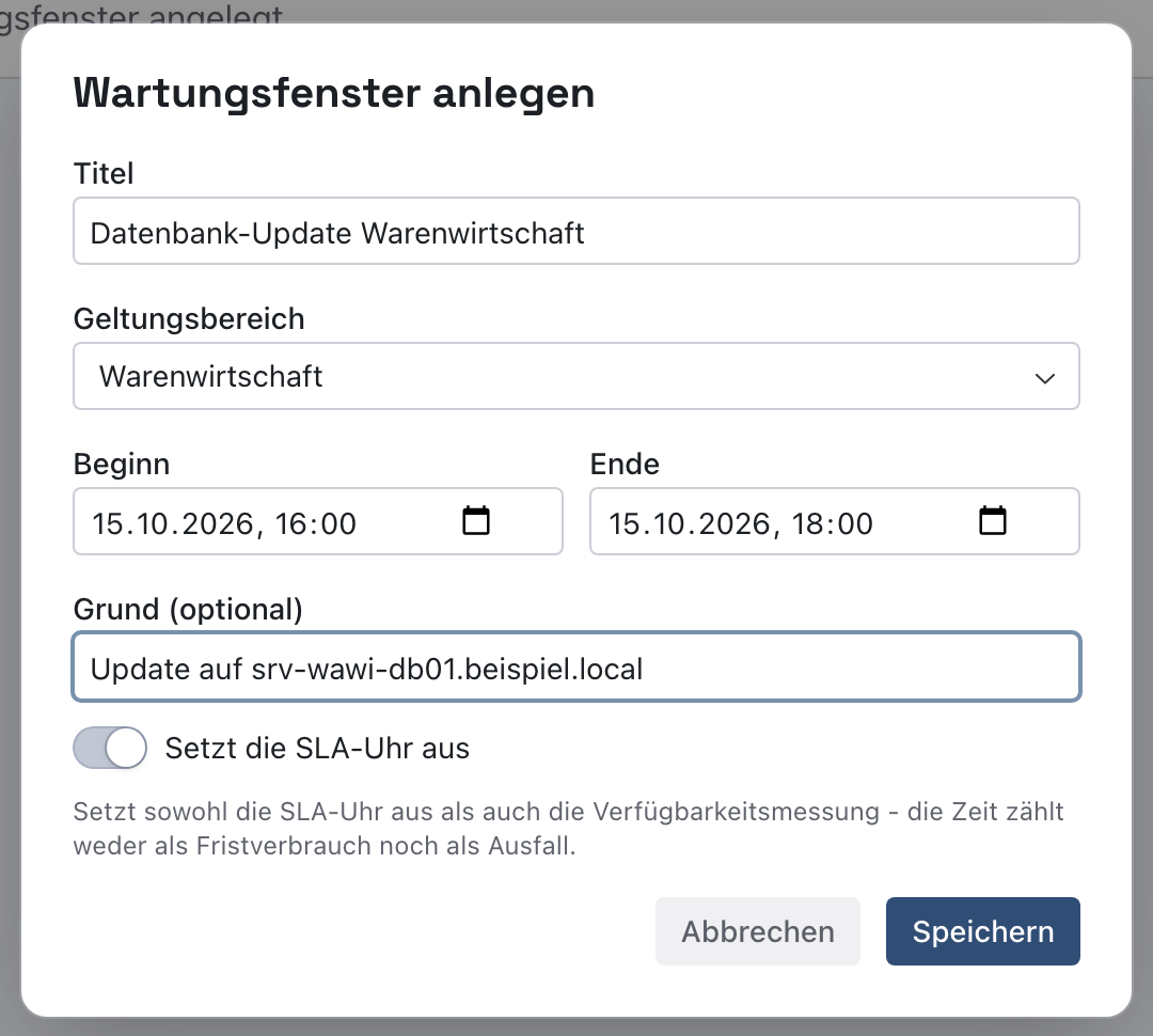 Dialog Wartungsfenster anlegen mit Titel Datenbank-Update Warenwirtschaft, Geltungsbereich Warenwirtschaft, Beginn 15.10.2026 16:00, Ende 15.10.2026 18:00 und eingeschaltetem Schalter Setzt die SLA-Uhr aus
