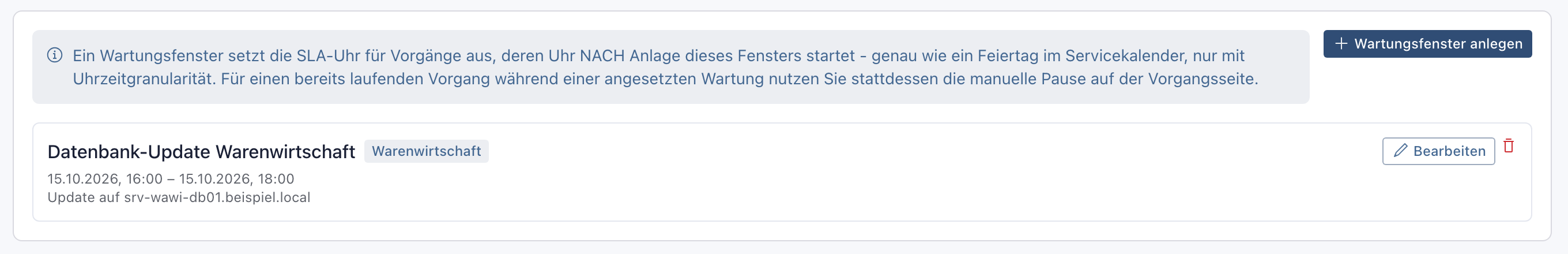 Liste der Wartungsfenster mit dem Eintrag Datenbank-Update Warenwirtschaft für Warenwirtschaft am 15.10.2026 von 16:00 bis 18:00