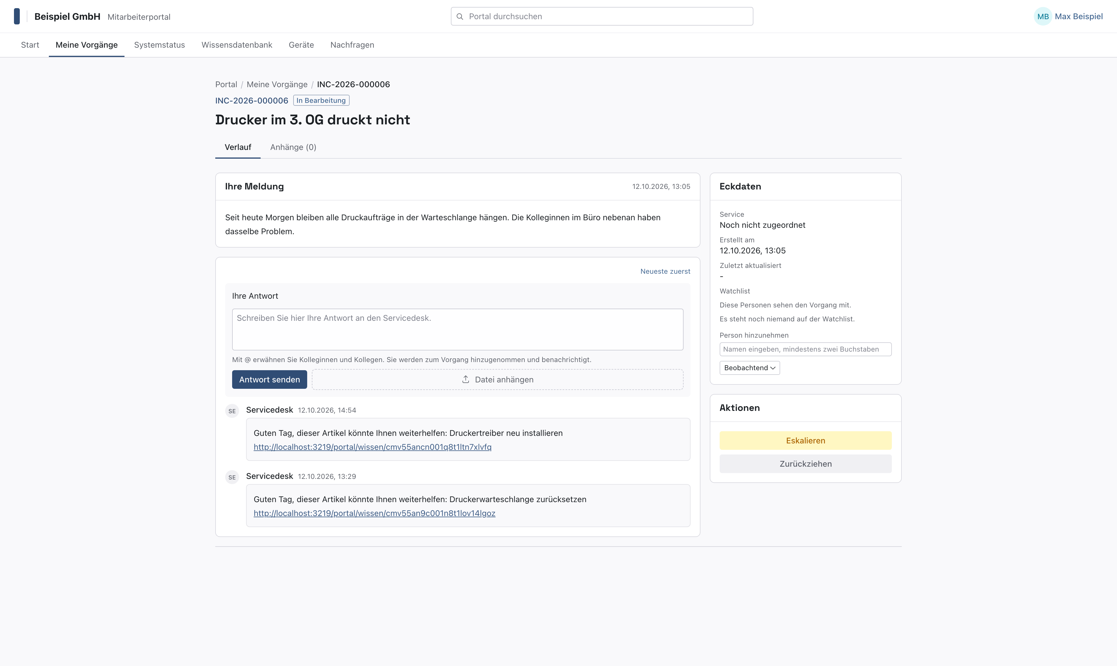 Vorgang im Mitarbeiterportal mit dem Kommentar des Servicedesks, der den Satz und den Link auf den Artikel enthält