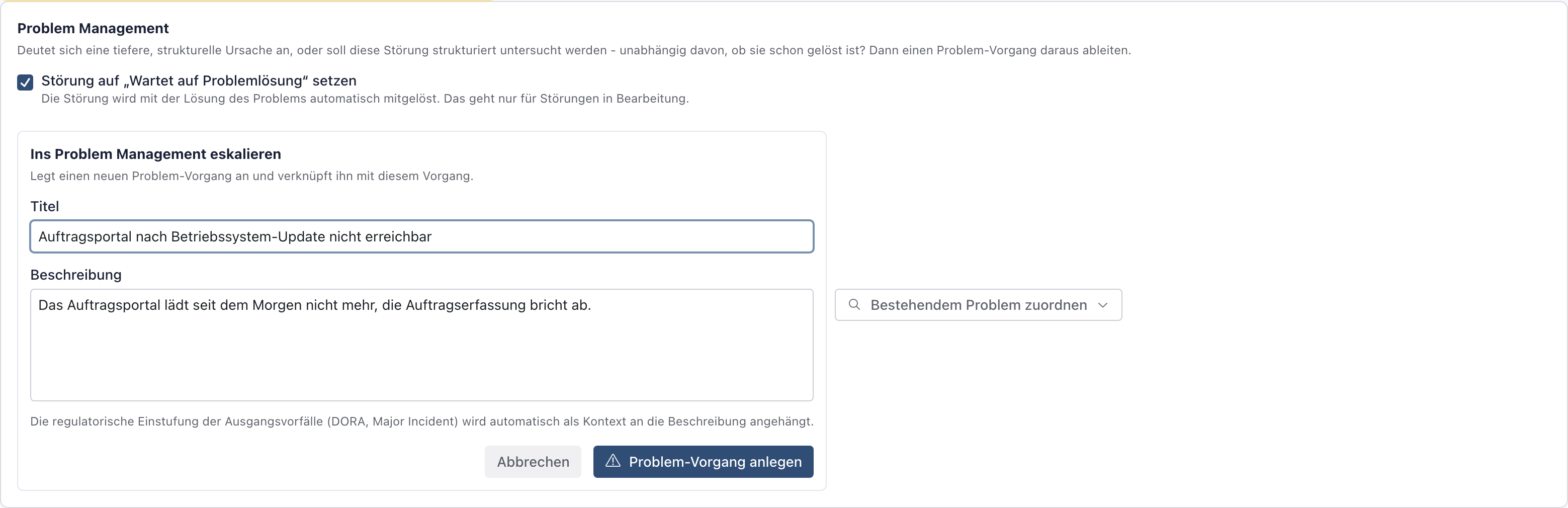 Formular zum Anlegen eines Problem-Vorgangs mit angepasstem Titel und der Schaltfläche Problem-Vorgang anlegen