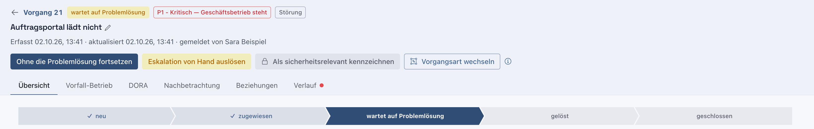 Kopf der Störung mit dem Status wartet auf Problemlösung und dem Knopf Ohne die Problemlösung fortsetzen