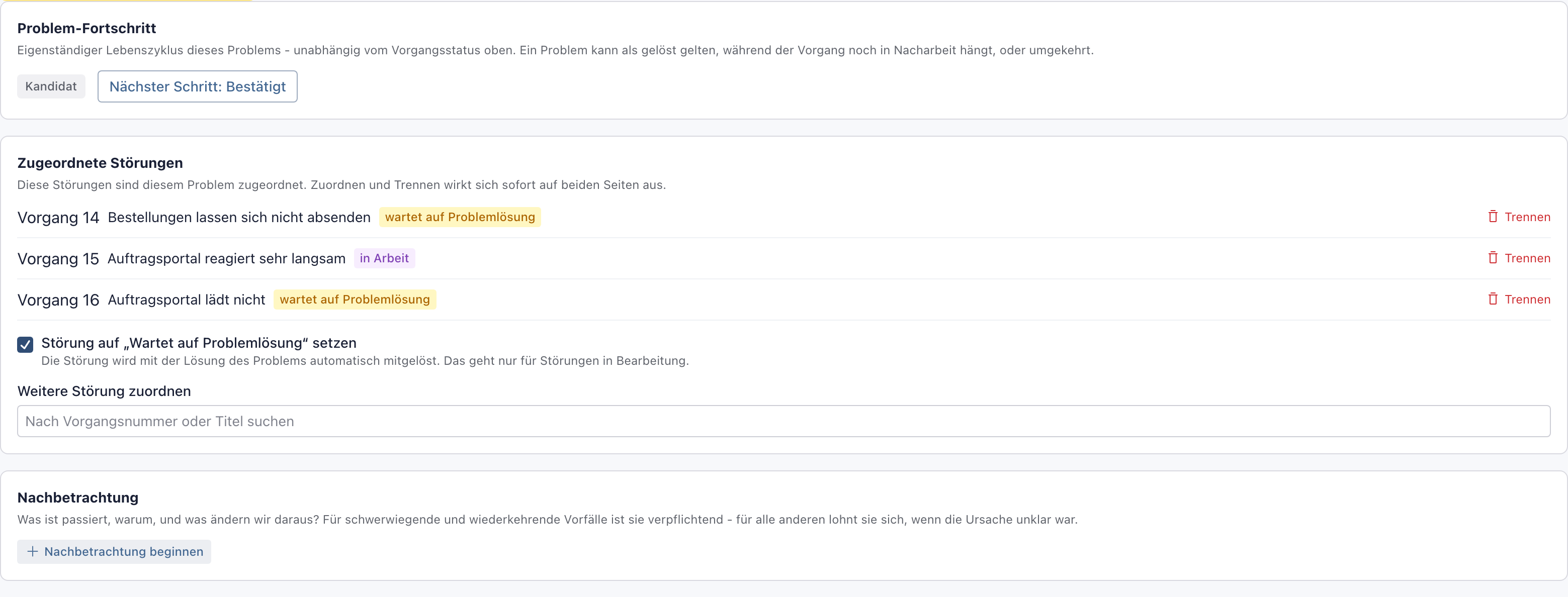 Block Zugeordnete Störungen am Problem mit drei Störungen, zwei davon wartend auf Problemlösung