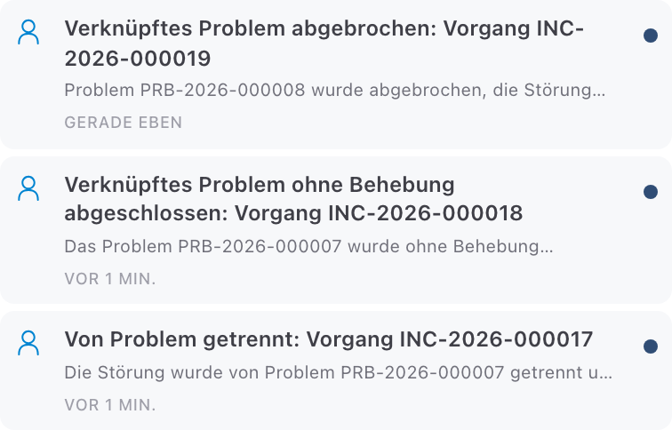 Drei Meldungen in der Glocke: Verknüpftes Problem abgebrochen, Verknüpftes Problem ohne Behebung abgeschlossen und Von Problem getrennt
